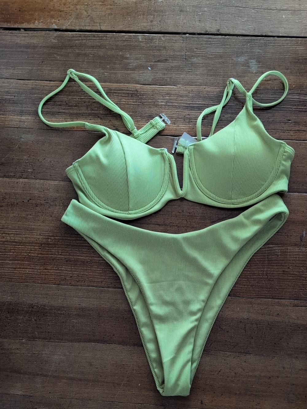 Light Green Ribbed Bikini Set - Underwire Top & High Cut Bottoms